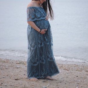 Blue Lace Overlay Off Shoulder Flounce Maternity Maxi Dress